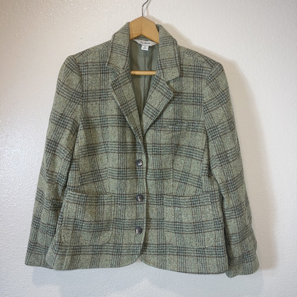 VTG LL Bean Women's Plaid Blazer Wool Silk  Blend Olive Green Medium  Academic